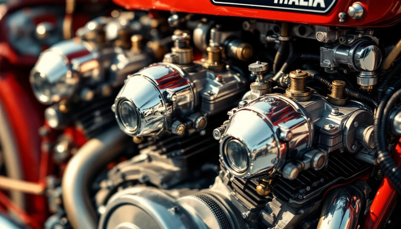 Close-up of a vintage red and chrome Italian motorcycle engine with precisely arranged mechanical components.