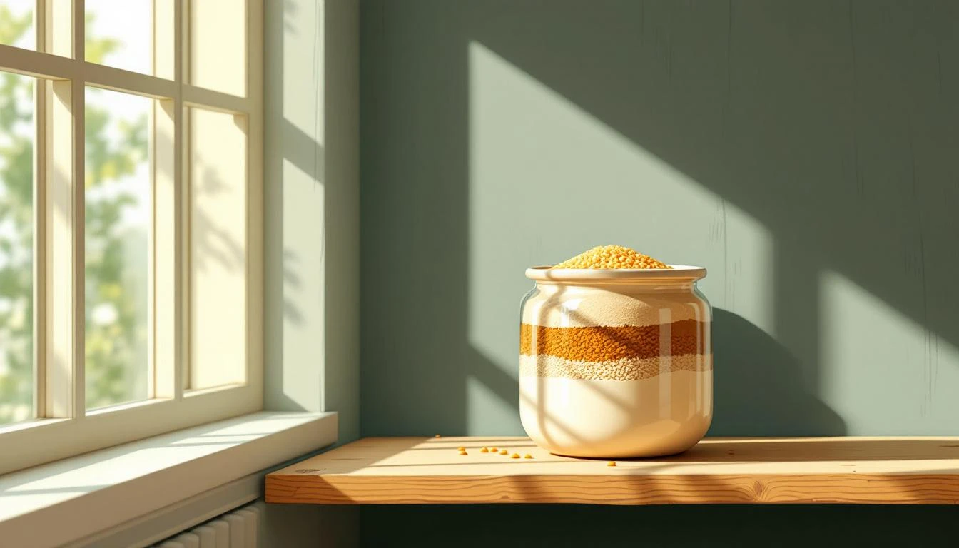A ceramic jar filled with layered seeds and grains on a wooden shelf in warm afternoon light.