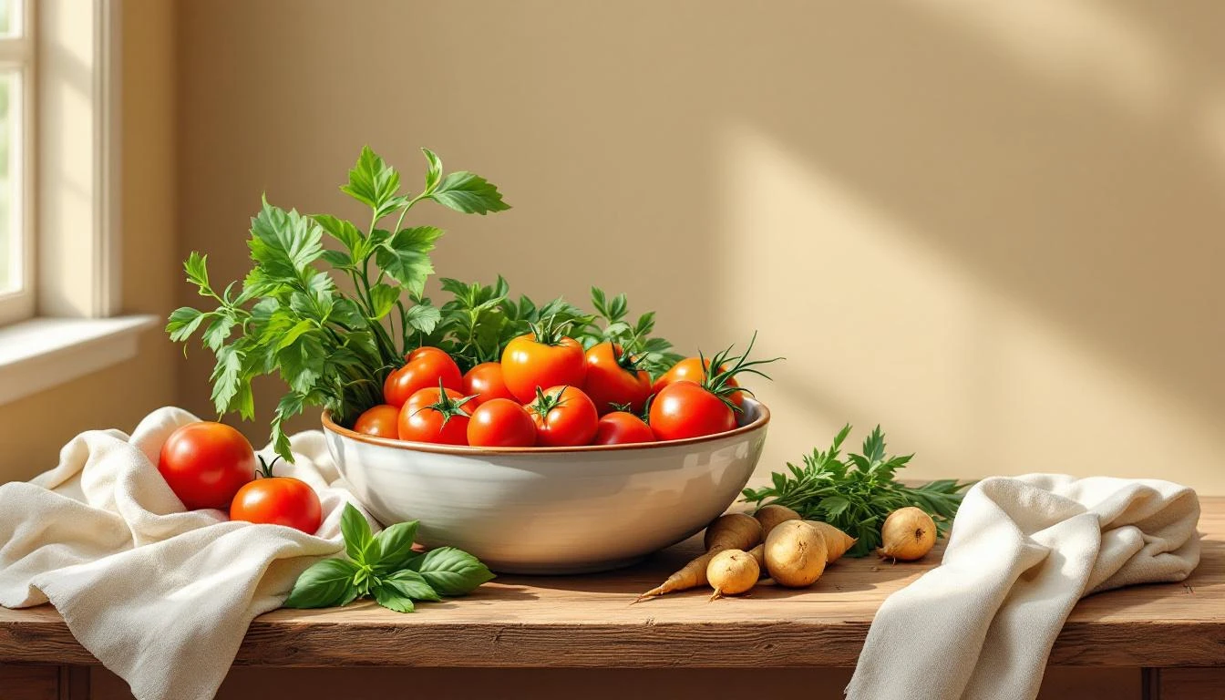 Ceramic bowl of heirloom tomatoes and root vegetables on a worn wooden table in warm morning sidelight.