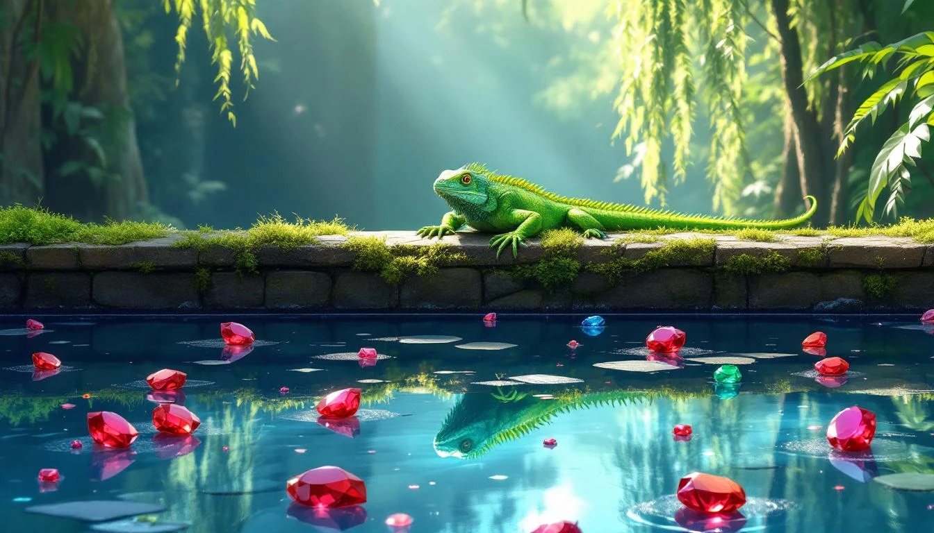 Green iguana on mossy stone parapet above a reflecting pool surrounded by scattered colored gemstones on wet slate.