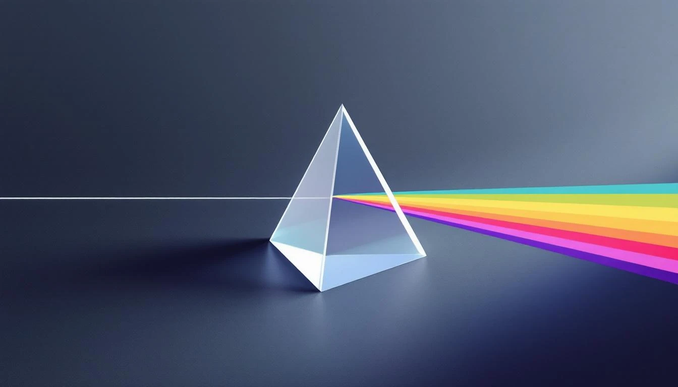 Glass prism on dark surface splitting white light into diverging color bands, one veering sharply aside.