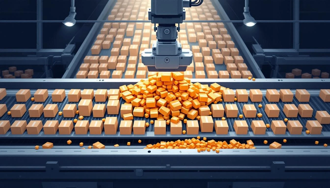 Overhead view of a conveyor belt sorting grey parcels with orange ones being diverted to a reject chute.