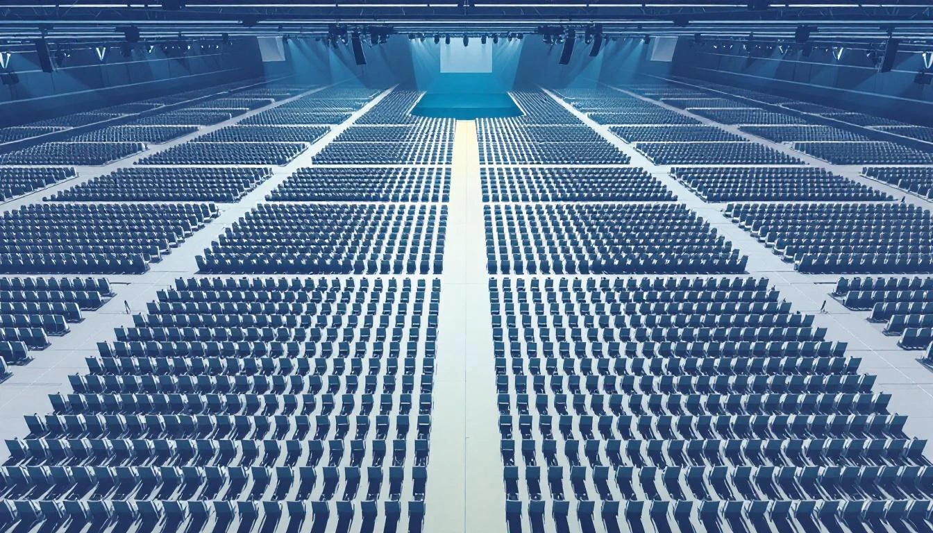 Aerial view of hundreds of folding chairs in precise rows inside a vast convention hall stretching to a distant stage.