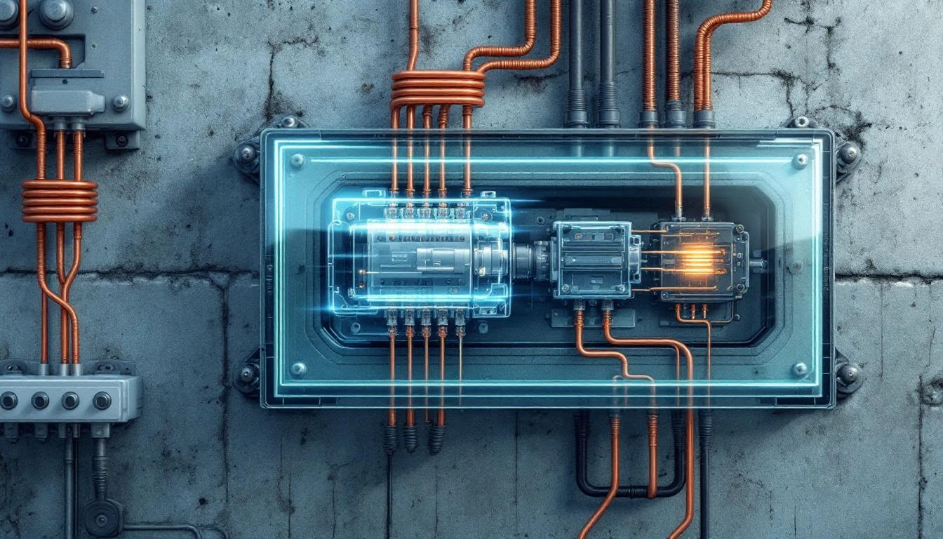 Glass electrical relay panel with copper wire leads connecting isolated internal contacts to external terminals on a concrete wall.