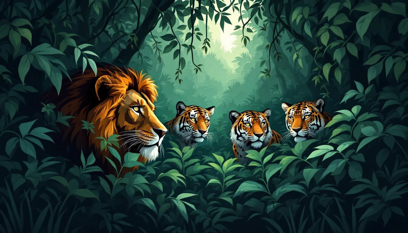A lion, tiger, and leopard lurking half-hidden in dense jungle undergrowth, eyes catching pale light.
