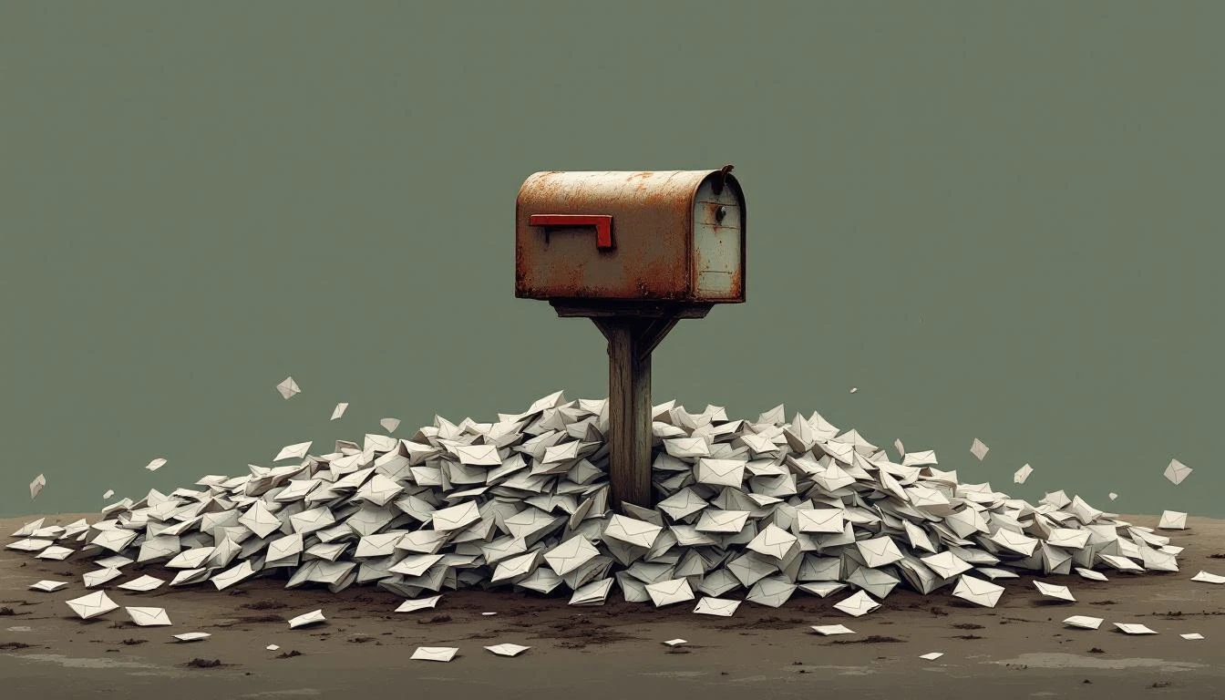 Rusted mailbox overflowing with identical grey envelopes spilling onto muddy ground in overcast light.