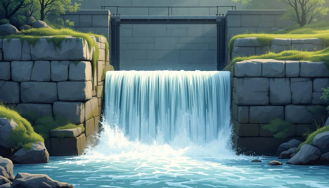 A stone sluice channel handling a powerful surge of white rushing water without overflowing, in cool grey and green tones.