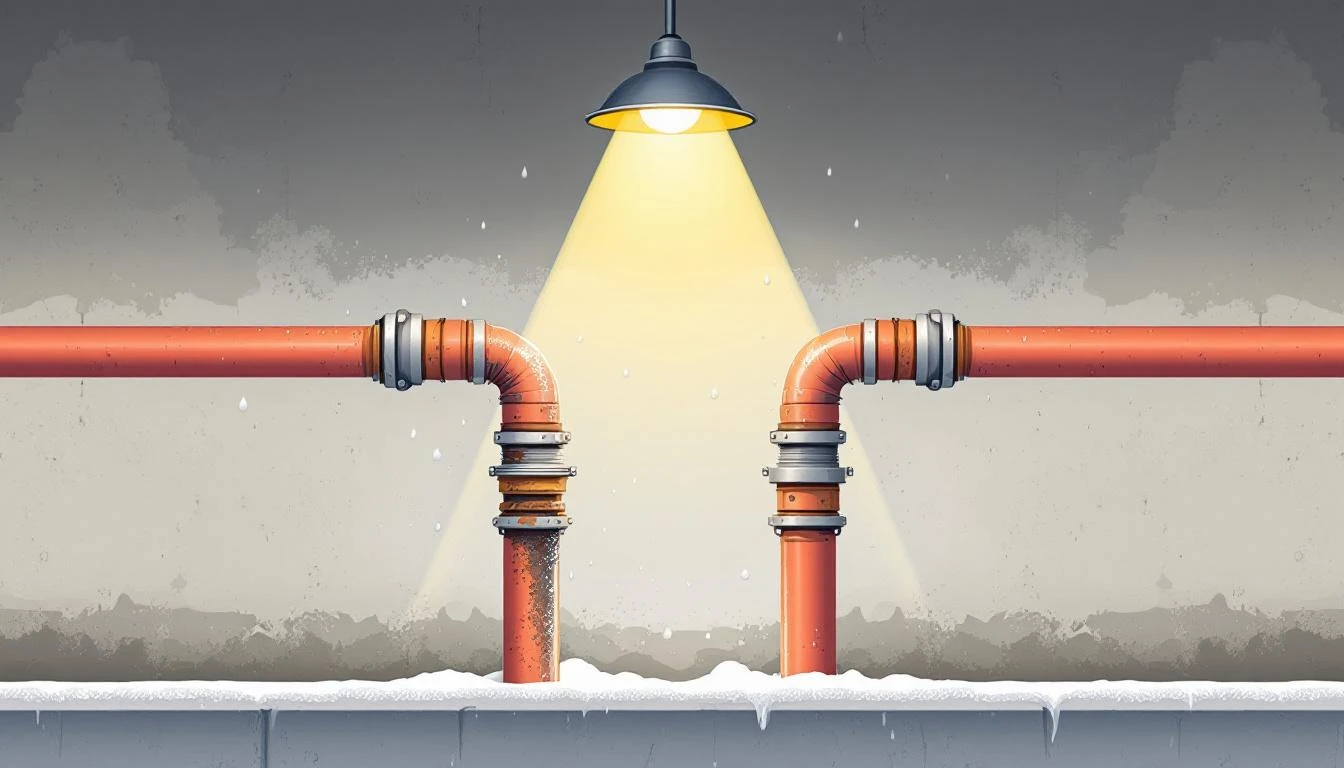 Copper pipe junction with an open rusted branch leaking vapor beside a sealed chrome coupling on a concrete wall.