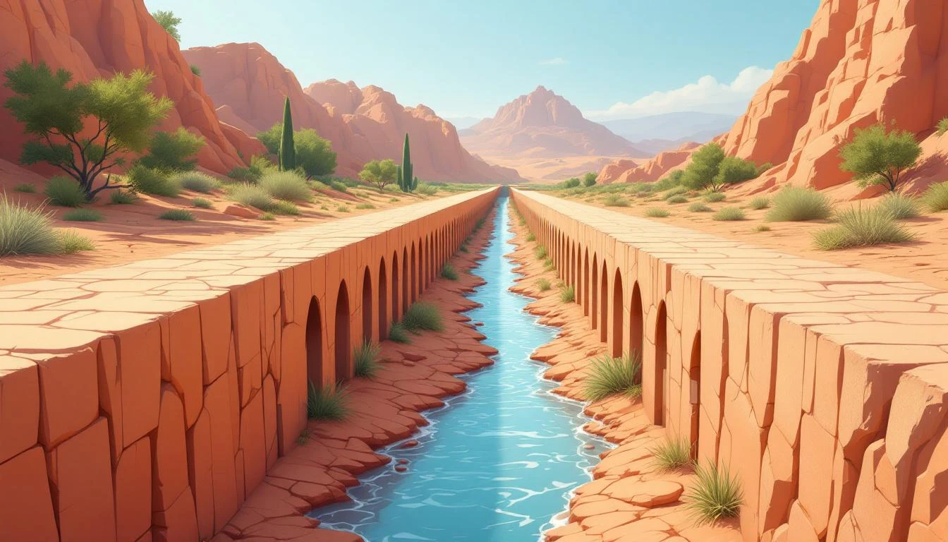 Stone aqueduct splitting into two paths, one reaching a garden and one spilling onto cracked dry earth.