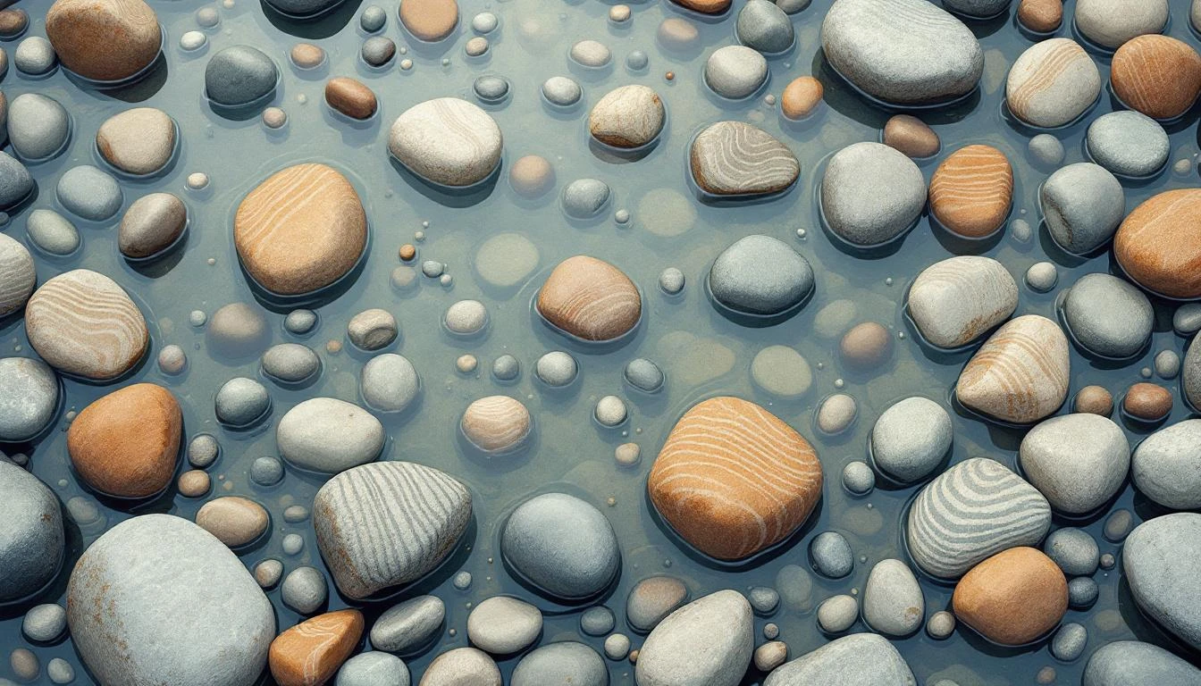 Tide pool with scattered stones sharing ambiguous matching stripe patterns across the shallow water.