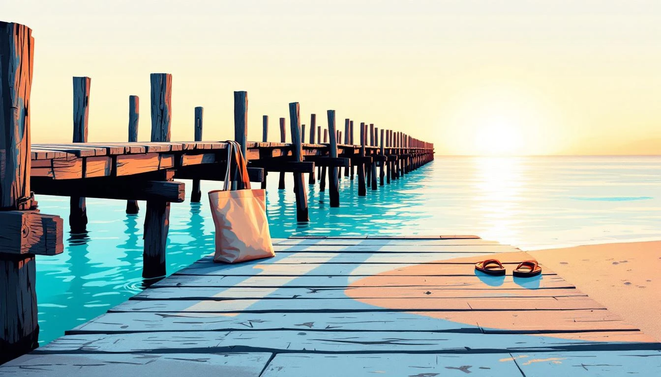 Weathered wooden pier over turquoise shallows at golden hour with a canvas tote bag and sandals at the shore end.