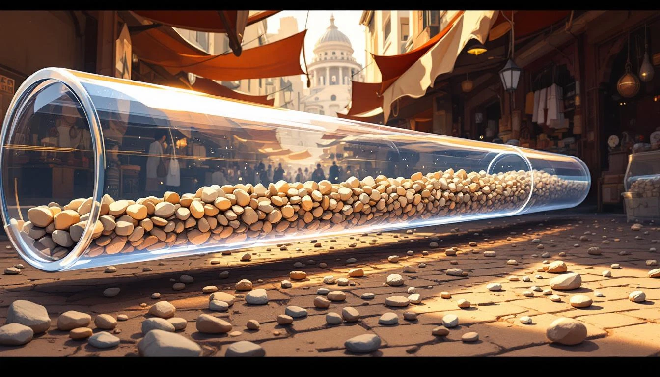 A sealed glass tube carrying smooth stones through an open market, surrounded by loose exposed stones on the cobblestone floor.