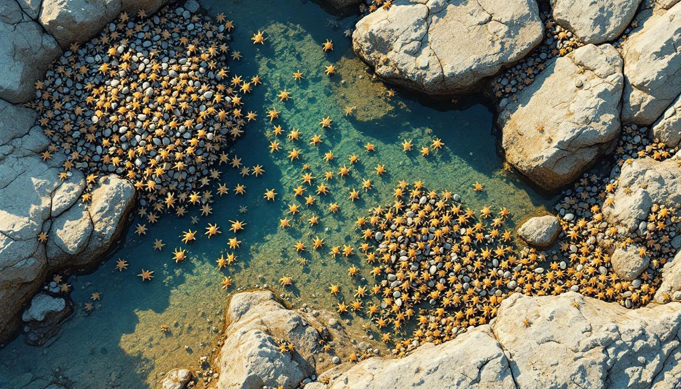 Aerial view of a tide pool with hermit crabs clustered unevenly across wet rocky basin in amber light.