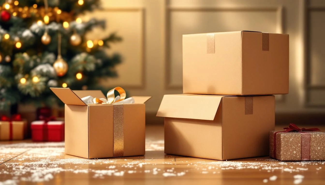 Stack of brown shipping boxes near a Christmas tree, one open to reveal gift wrap inside.