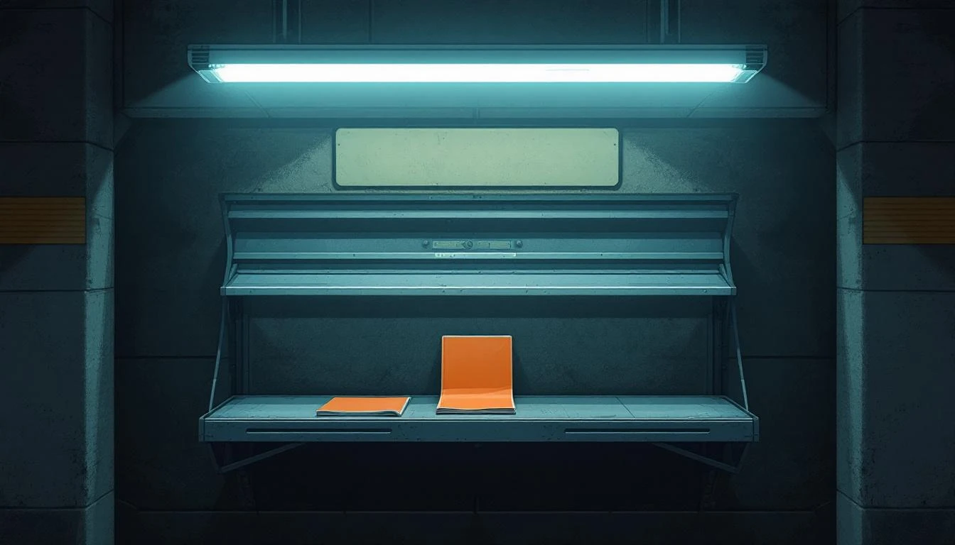 A bright orange staple-bound magazine on a dim subway newsstand lit by a single fluorescent tube.