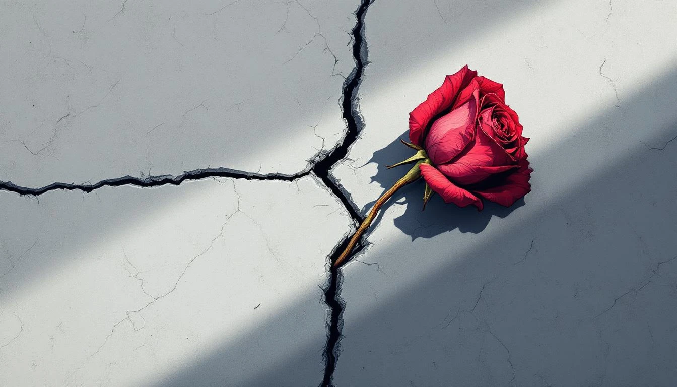 A crimson dried rose with a sharply snapped stem lying on cracked grey concrete under harsh overhead light.